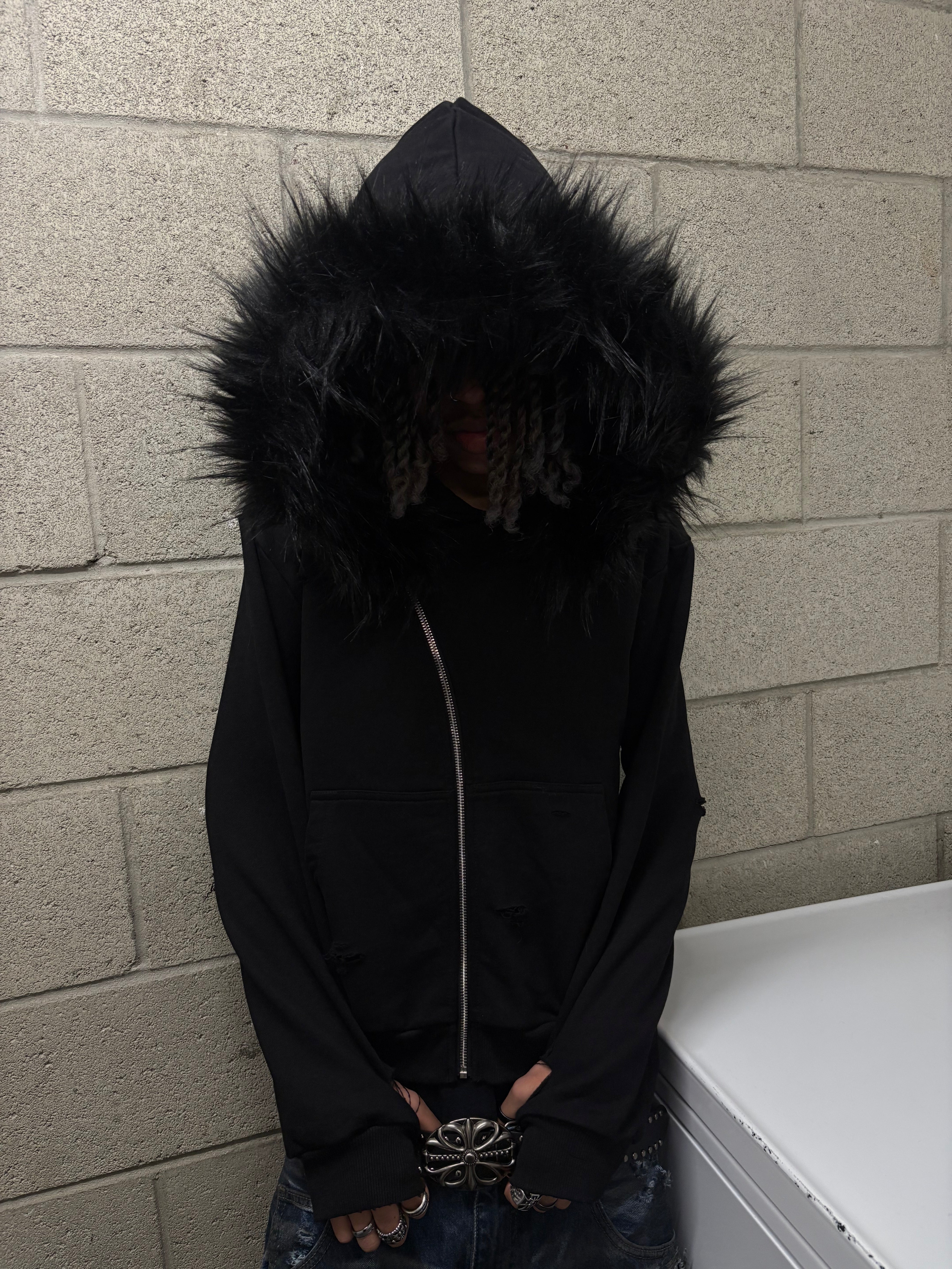 DIAGONAL ZIP FUR HOODIE