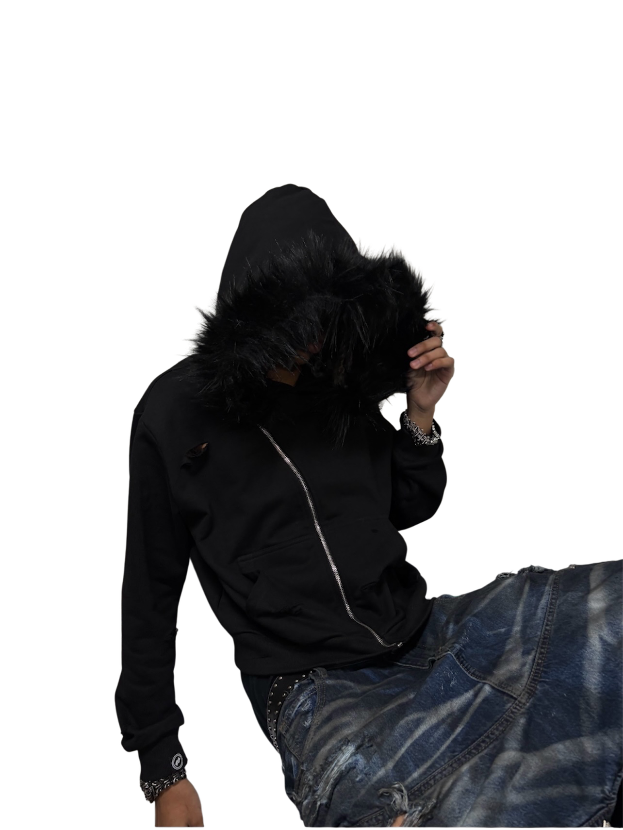 DIAGONAL ZIP FUR HOODIE